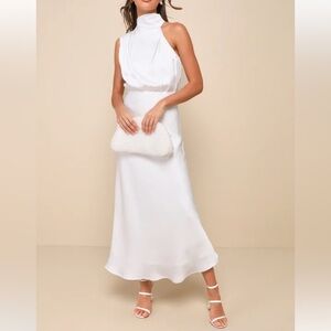 NWT Lulus Distinctive Charm White Satin Asymmetrical Midi Dress